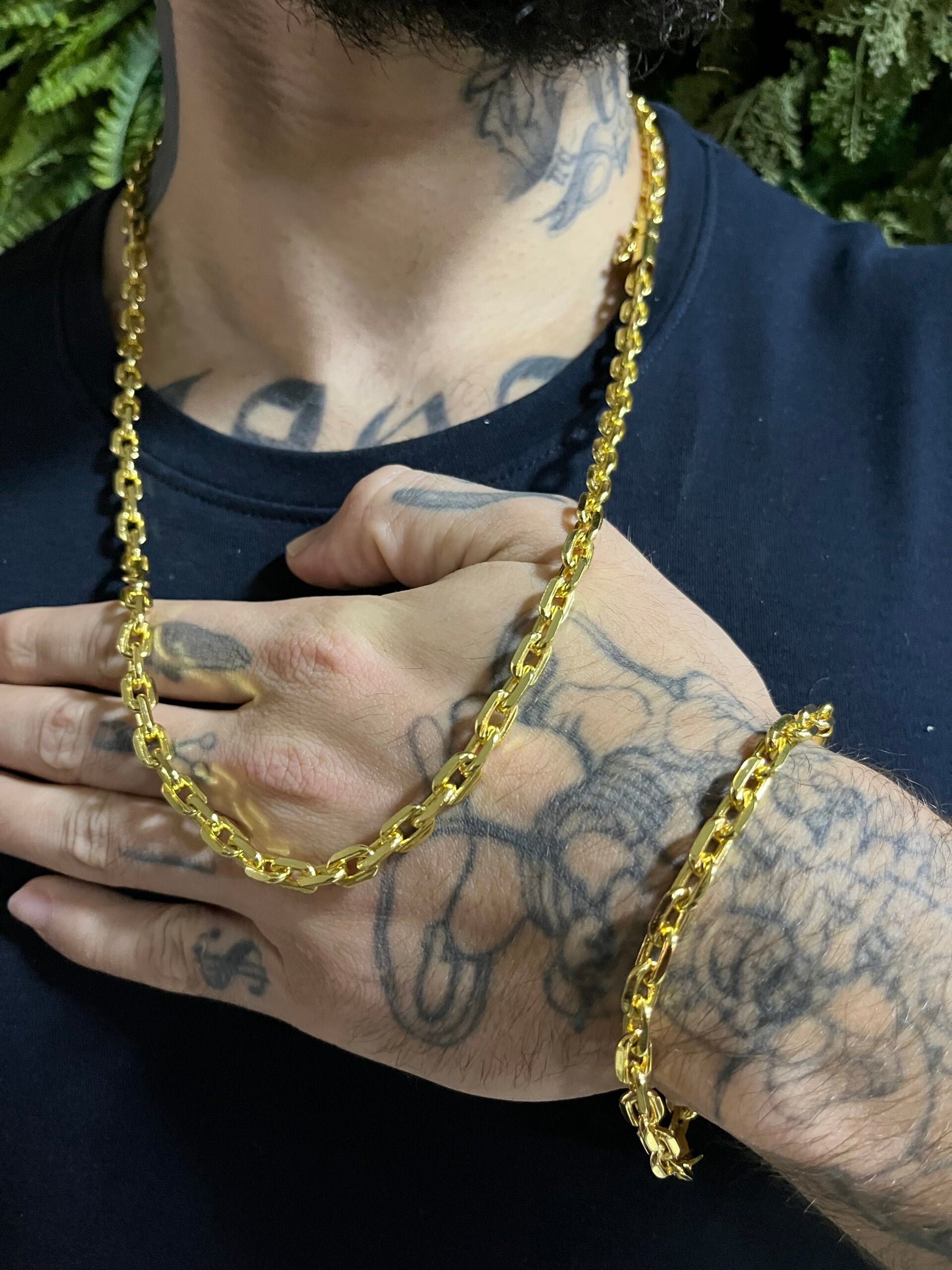 Kit Corrente Cadeado 6mm Com Pulseira Banhado a ouro 18k