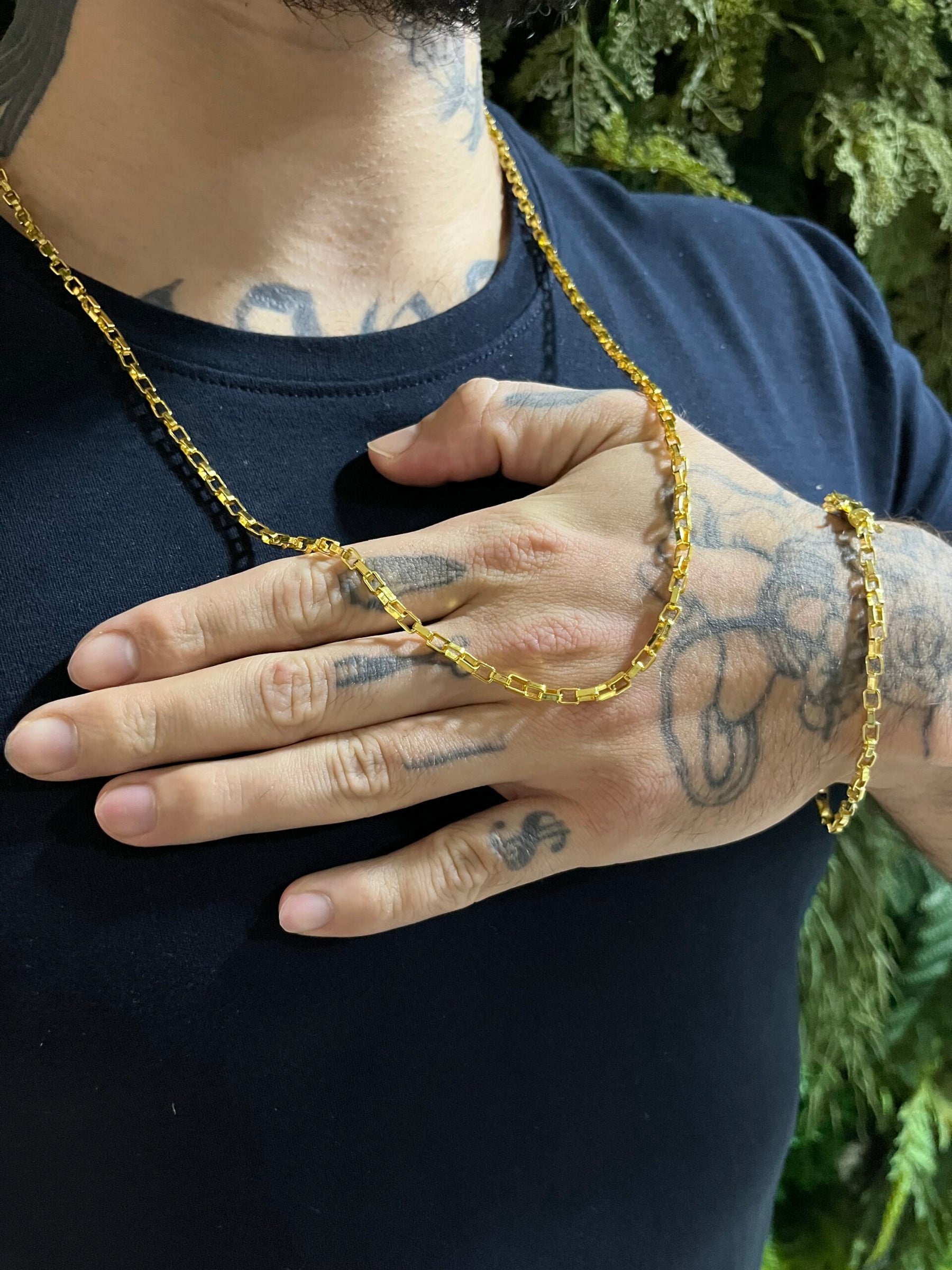 Kit Corrente Tijolinho 4mm com Pulseira Banhado a Ouro 18k