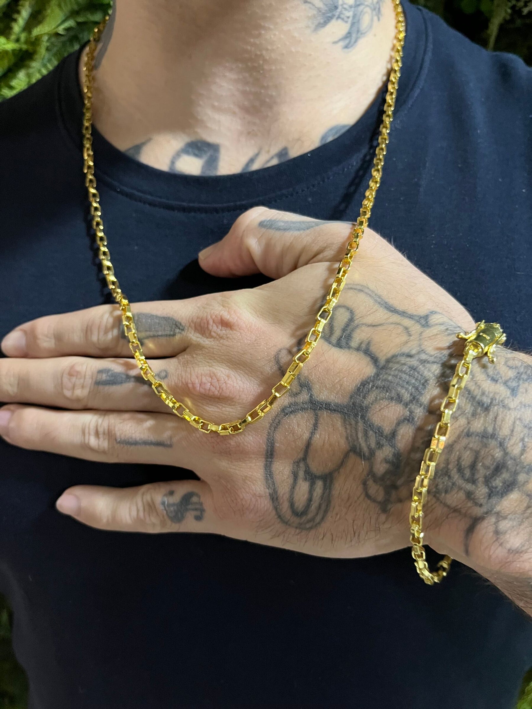 Kit Corrente Tijolinho 4mm com Pulseira Banhado a Ouro 18k
