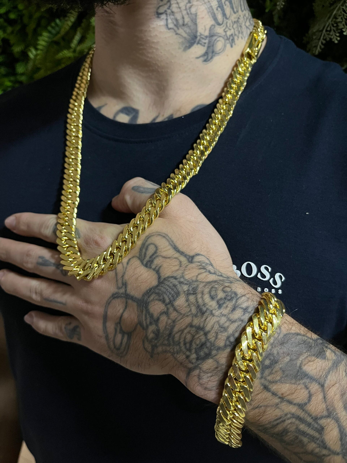 Kit Corrente Lacraia 13mm Grumet Com Pulseira Banhado A Ouro 18k