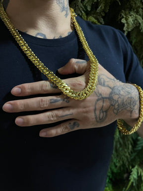 Kit Corrente Lacraia 13mm Grumet Com Pulseira Banhado A Ouro 18k