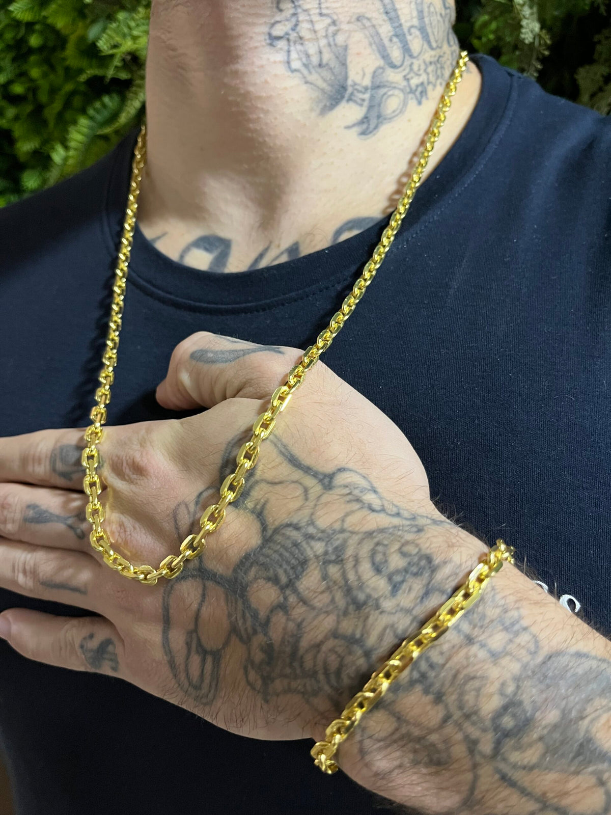Kit Corrente Cadeado 5mm com Pulseira Banhado a Ouro 18k