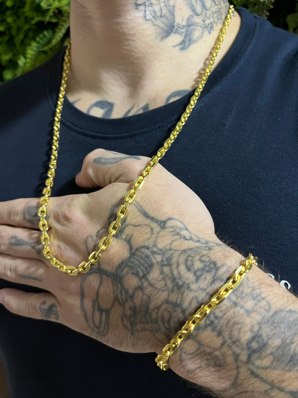 Kit Corrente Cadeado 5mm com Pulseira Banhado a Ouro 18k