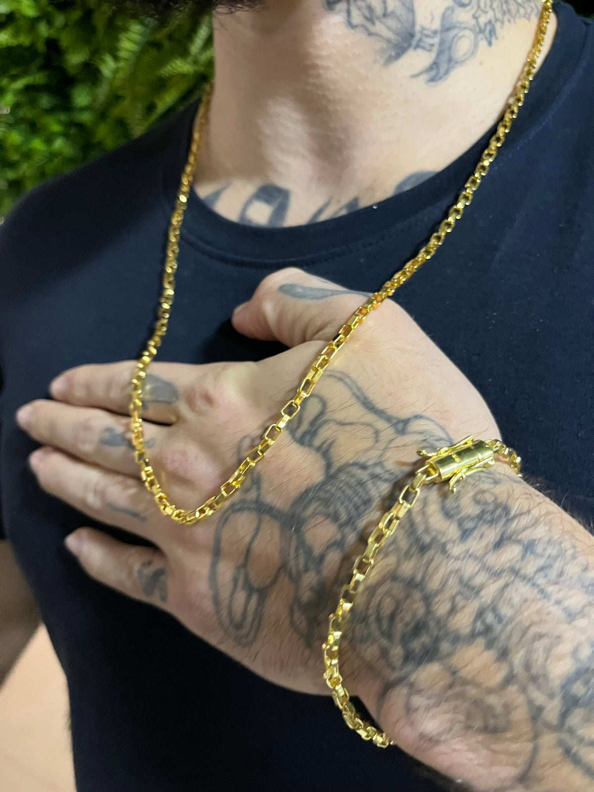 Kit Corrente Tijolinho 4mm com Pulseira Banhado a Ouro 18k