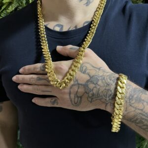 Kit Corrente Pitbull 12mm com Pulseira Banhada a ouro 18k
