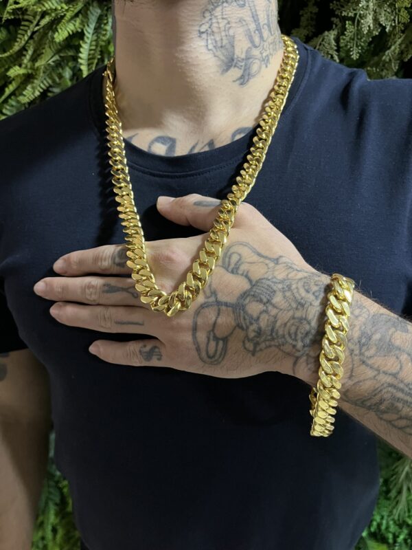Kit Corrente Pitbull 12mm com Pulseira Banhada a ouro 18k