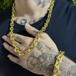 Kit Corrente Cadeado 12mm com Pulseira Banhada a ouro 18k