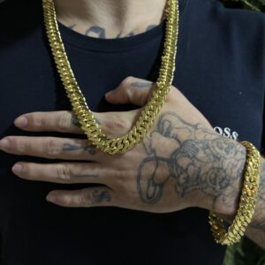 Kit Corrente lacraia 13mm com pulseira banhada a ouro 18k