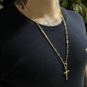 Kit cadeado alongado 4mm com pulseira e pingente crucifixo banhada a ouro 18k