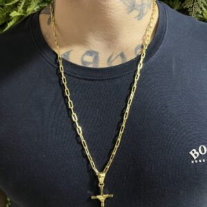 Corrente cadeado alongado 4mm com crucifixo banhada a ouro 18k